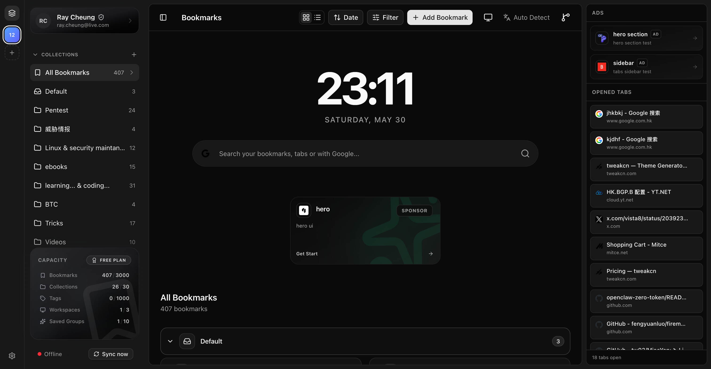 TabSlate dashboard showing browser tabs, Chrome groups, and bookmarks organized into workspaces and collections