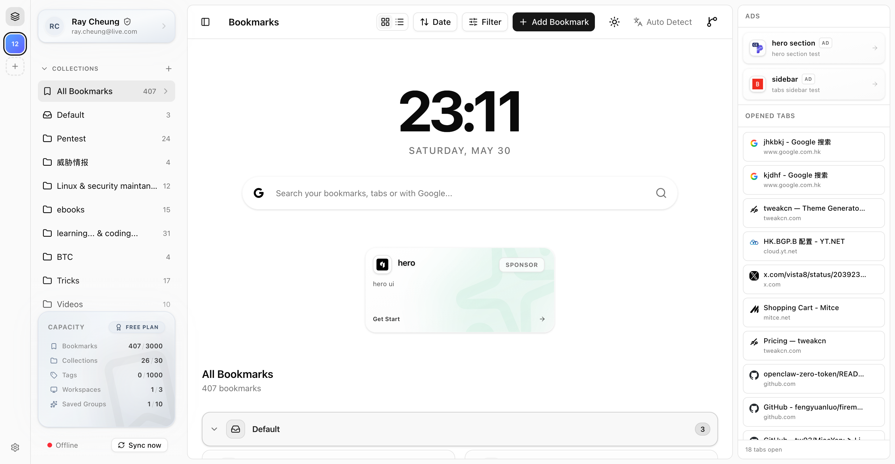 TabSlate dashboard showing browser tabs, Chrome groups, and bookmarks organized into workspaces and collections